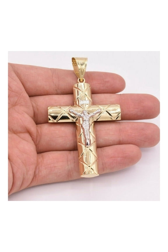 3.25" Diamond-Cut Cross Crucifix Pendant Unisex Adult 10K Yellow White Gold, 6.90 Gr - GOLDUM NYC