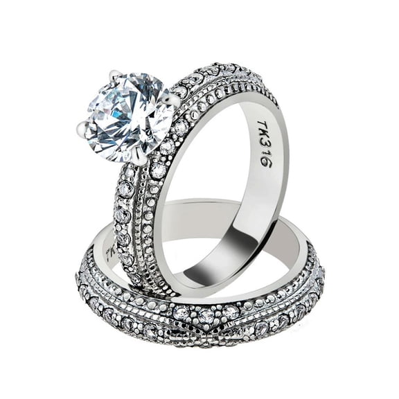 3.25 Ct Round Cut Cz Vintage Stainless Steel Wedding Ring Set Women's Size 7