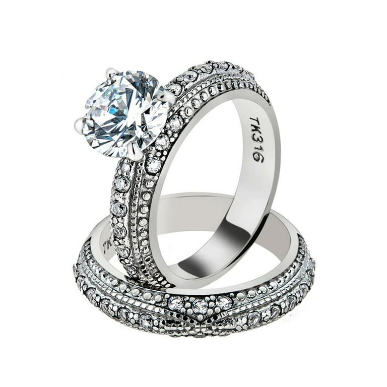 3.25 Ct Round Cut Cz Vintage Stainless Steel Wedding Ring Set