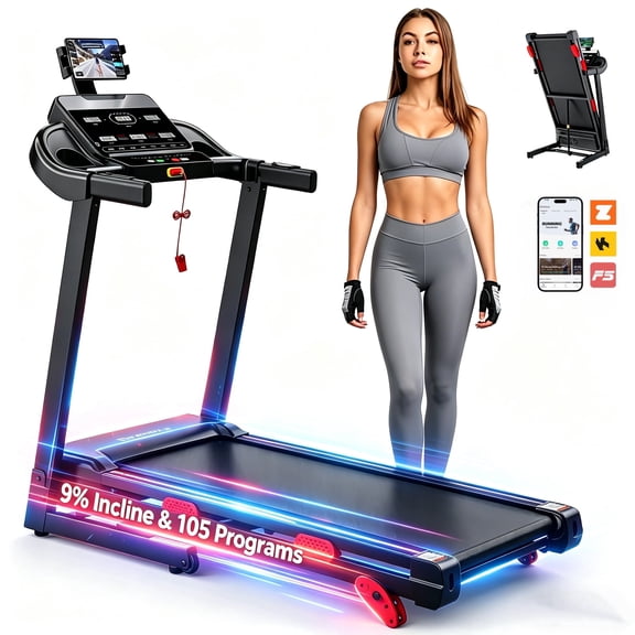 9MPH Folding Treadmill with Incline, 3.8 HP Brushless Motor, Treadmill 300 lb Capacity, 105 Workout Programs, foldable treadmill, Bluetooth App Control, LED Display, Adjustable Tablet Holder