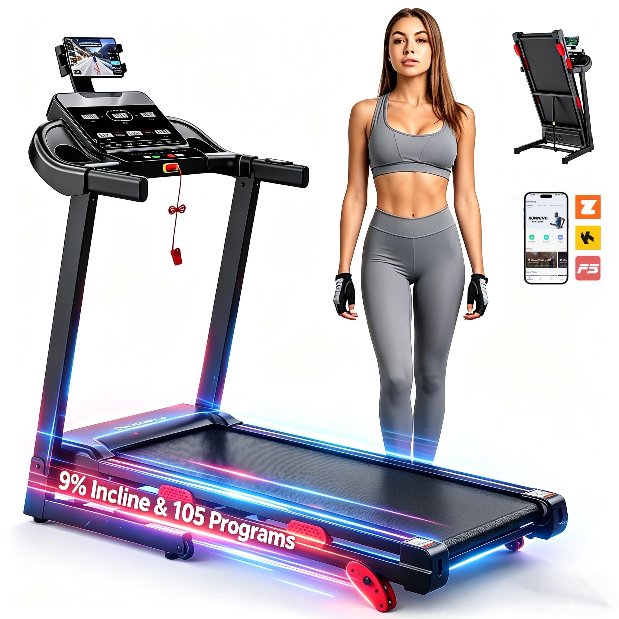 Folding Treadmill with Incline, 3.8 HP Brushless Motor, 300 lb Capacity, 105 Workout Programs, Bluetooth App Control, LED Display, Hifi Speakers, Adjustable Tablet Holder
