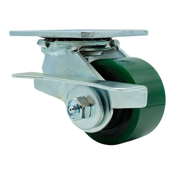 3.25 Inch Green Poly on Cast Iron Swivel Caster with Roller Bearing and Brake