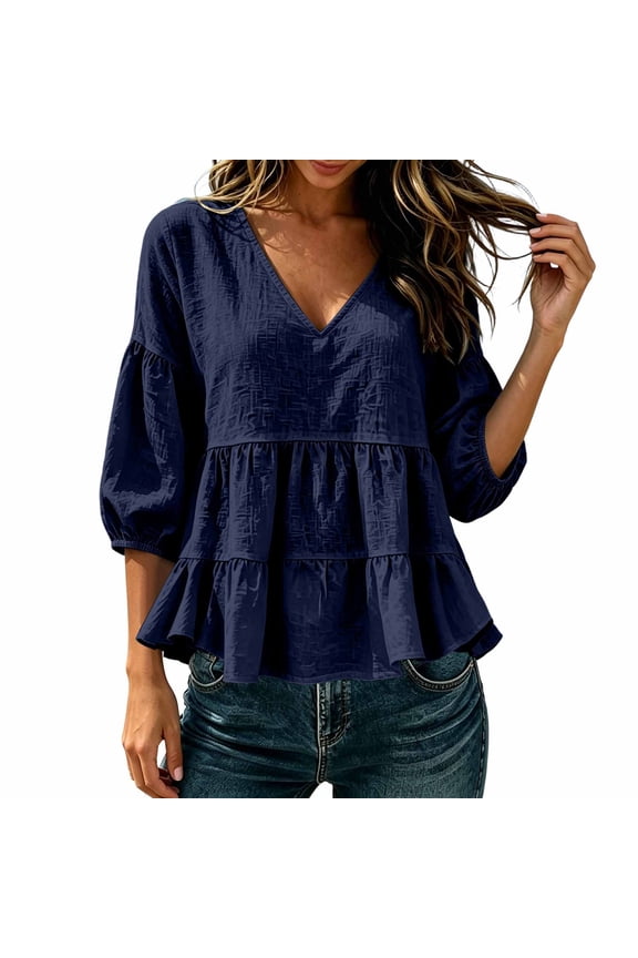 3/25 Sleeve Tee for Womens Women’s V Neck Peplum Blouses - 3/4 Puff Sleeve Loose Flowy Tops - Ruffle Hem Summer Beach Vacation Tops S