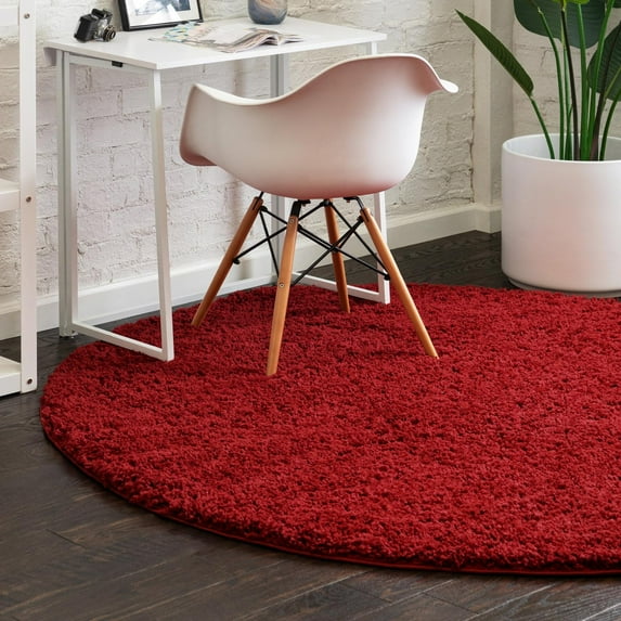 Unique Loom Everyday Shag Collection Area Rug - Solid (3' 3" Round Cherry Red)
