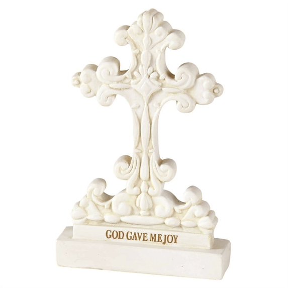 3.25" White Resin Table Top "God Gave Me Joy" Cross