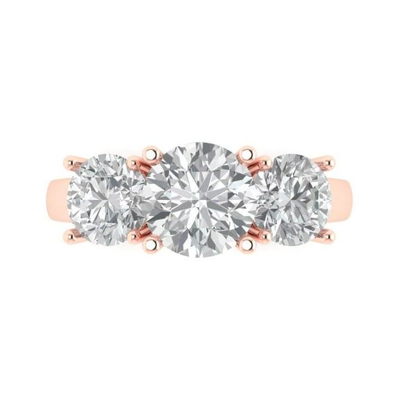 3.25 ct Round Cut Clear Crystal 14k Pink Rose Gold Engraving Statement Bridal Wedding Three-Stone Designer Ring Size 7.5