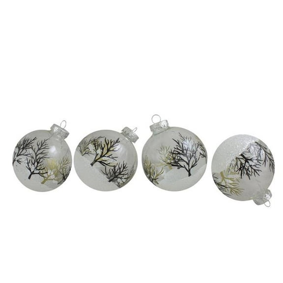 3.25 in. x 80mm. Clear and Frosted Winter Tree Scene Glass Christmas Ornament Ball Set - 4 Piece
