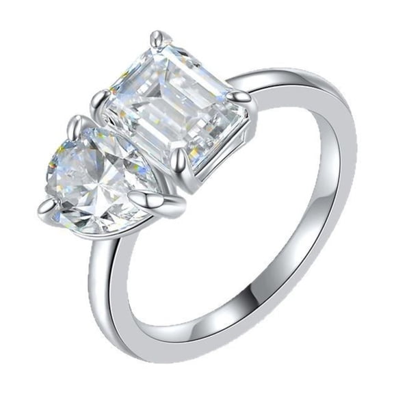 3.25Cttw Toi Et Moi Ring for Women Emerald/Pear Shaped Moissanite Wedding Bands D Color VVS1 Clarity Gold Engagement Ring 925 Sterling Silver Double Stone Rings