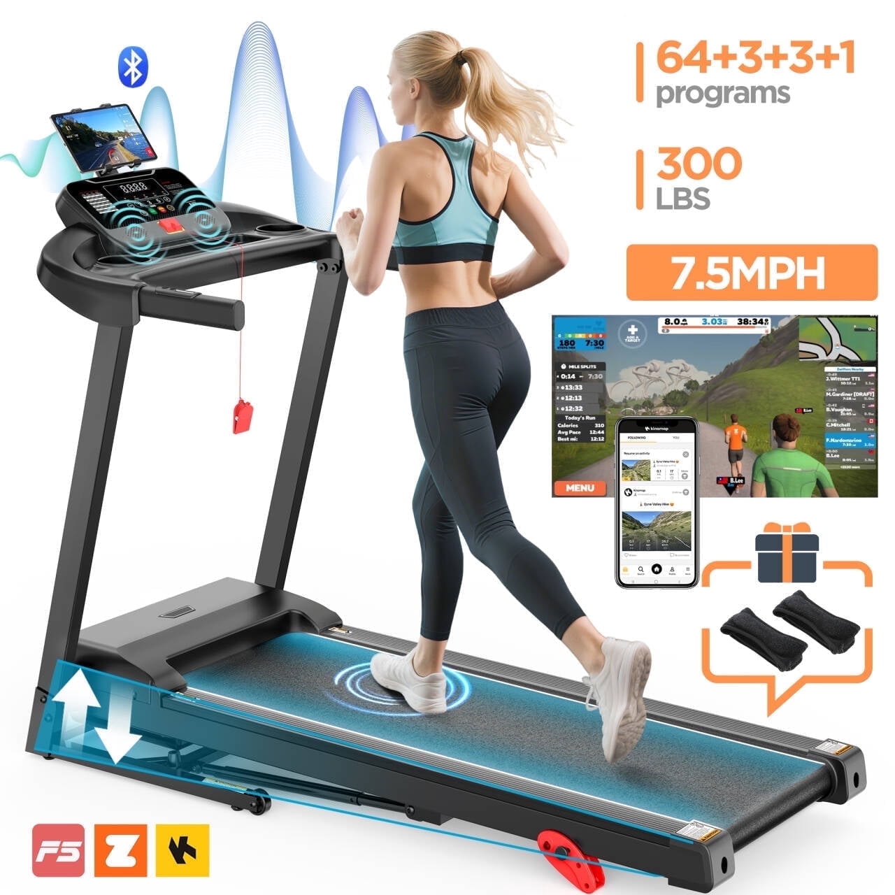 3.25HP Portable Folding Treadmill with 12-Level Adjustable Incline, 7.5MPH Max Speed, Foldable Eltreadmill for Home Gyms, Running & Walking Machine, 64+3+3+1 Programs
