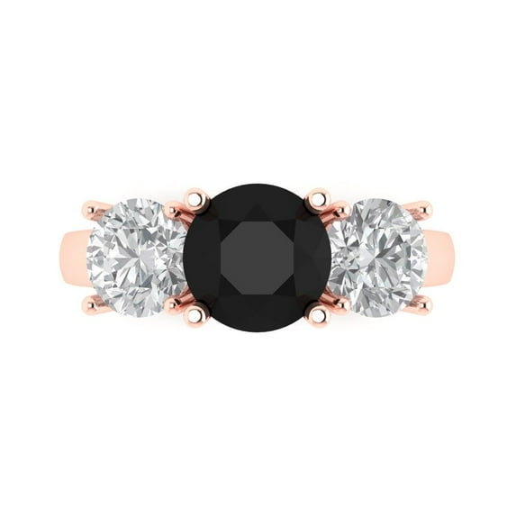 3.25ct Round Cut Black Natural Onyx 18k Pink Rose Gold Engraving Statement Bridal Wedding Three-Stone Designer Ring Size 7.5