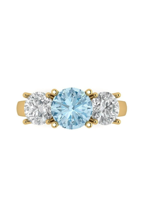 3.25ct Round Cut Blue Crystal 14k Yellow Gold Engraving Statement Bridal Wedding Three-Stone Designer Ring Size 5