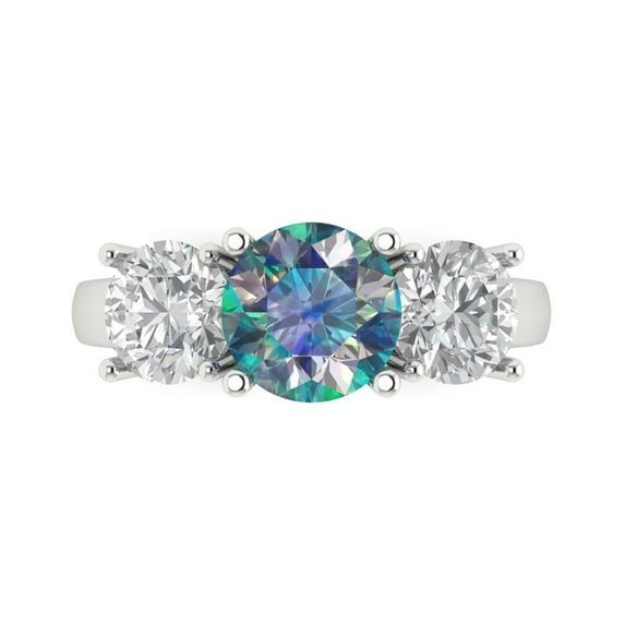 3.25ct Round Cut Blue Moissanite 18k White Gold Engraving Statement Bridal Wedding Three-Stone Designer Ring Size 4