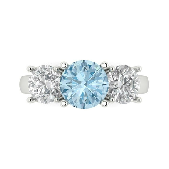 3.25ct Round Cut Blue Natural Aquamarine 14k White Gold Engraving Statement Bridal Wedding Three-Stone Designer Ring Size 7.5