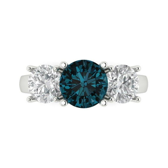 3.25ct Round Cut Blue Natural London Blue Topaz 18k White Gold Engraving Statement Bridal Wedding Three-Stone Designer Ring Size 8.5
