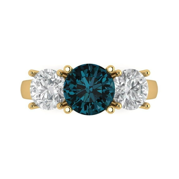 3.25ct Round Cut Blue Natural London Blue Topaz 18k Yellow Gold Engraving Statement Bridal Wedding Three-Stone Designer Ring Size 7.5