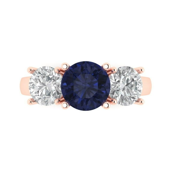 3.25ct Round Cut Blue Sapphire 18k Pink Rose Gold Engraving Statement Bridal Wedding Three-Stone Designer Ring Size 11
