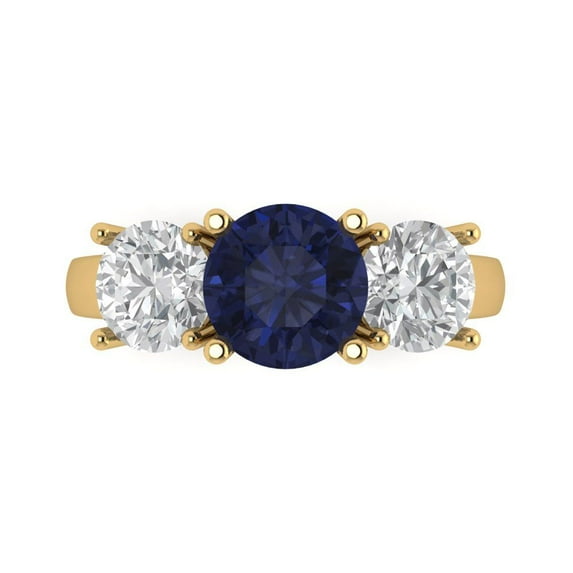 3.25ct Round Cut Blue Sapphire 18k Yellow Gold Engraving Statement Bridal Wedding Three-Stone Designer Ring Size 4.5