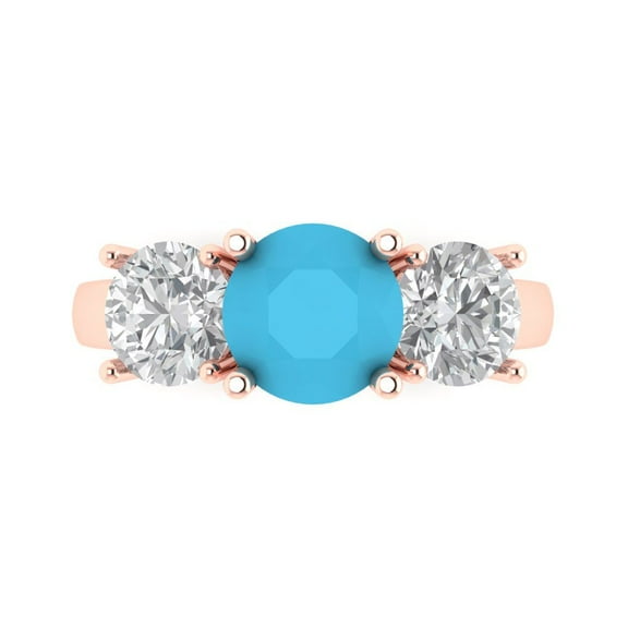 3.25ct Round Cut Blue Turquoise 14k Pink Rose Gold Engraving Statement Bridal Wedding Three-Stone Designer Ring Size 7.5