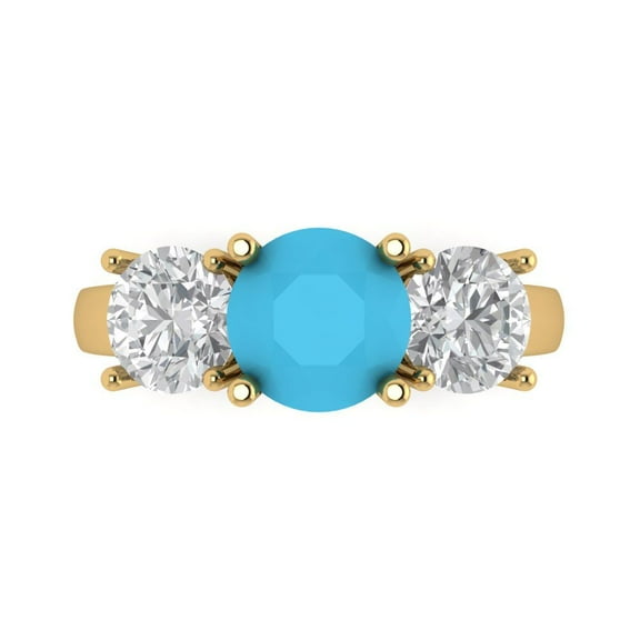 3.25ct Round Cut Blue Turquoise 14k Yellow Gold Engraving Statement Bridal Wedding Three-Stone Designer Ring Size 7.5