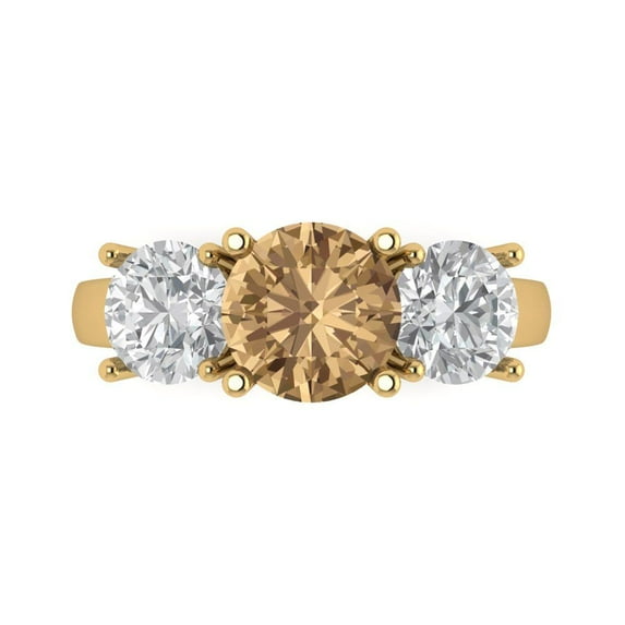 3.25ct Round Cut Brown Champagne Crystal 18k Yellow Gold Engraving Statement Bridal Wedding 3 stone Designer Ring Size 6.5