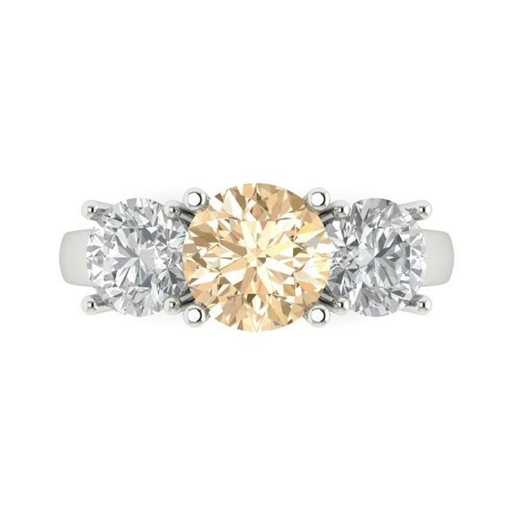3.25ct Round Cut Brown Natural Morganite 18k White Gold Engraving Statement Bridal Wedding Three-Stone Designer Ring Size 10