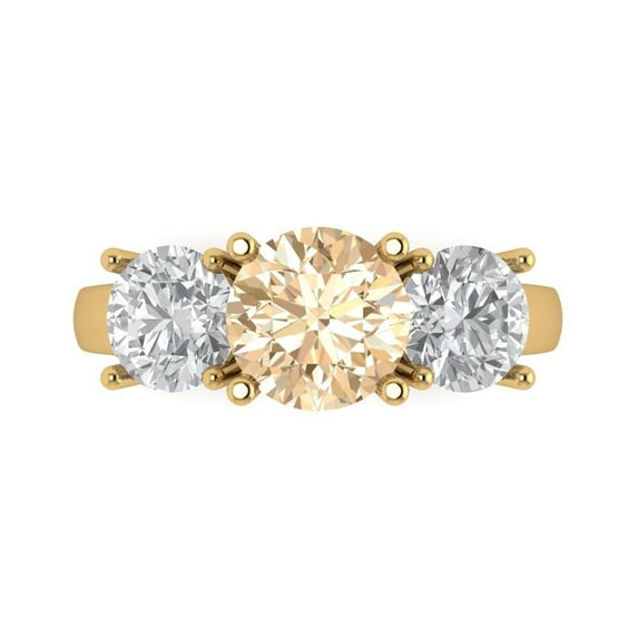 3.25ct Round Cut Brown Natural Morganite 18k Yellow Gold Engraving Statement Bridal Wedding Three-Stone Designer Ring Size 9.5