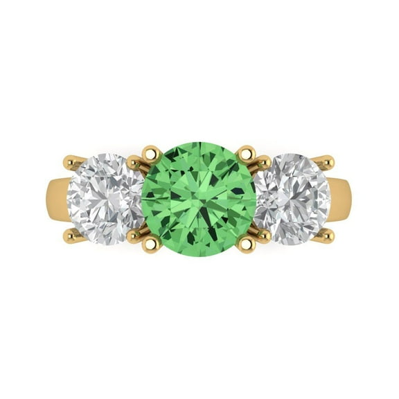 3.25ct Round Cut Green Crystal 14k Yellow Gold Engraving Statement Bridal Wedding Three-Stone Designer Ring Size 7.5