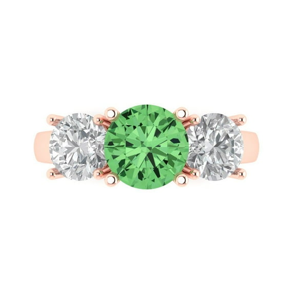 3.25ct Round Cut Green Crystal 18k Pink Rose Gold Engraving Statement Bridal Wedding Three-Stone Designer Ring Size 11