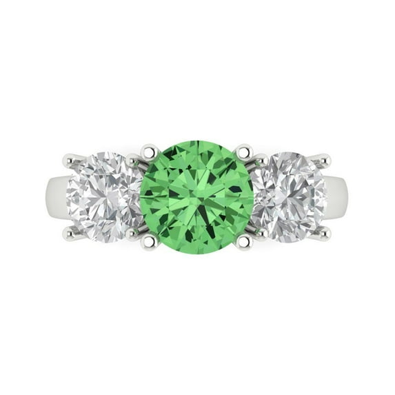 3.25ct Round Cut Green Crystal 18k White Gold Engraving Statement Bridal Wedding Three-Stone Designer Ring Size 5