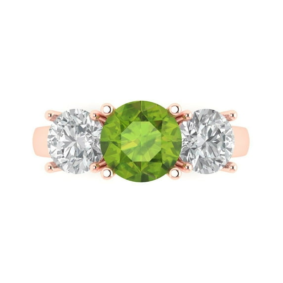 3.25ct Round Cut Green Natural Peridot 18k Pink Rose Gold Engraving Statement Bridal Wedding Three-Stone Designer Ring Size 10.5