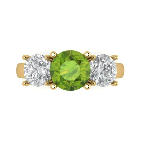 3.25ct Round Cut Green Natural Peridot 18k Yellow Gold Engraving Statement Bridal Wedding Three-Stone Designer Ring Size 9.5