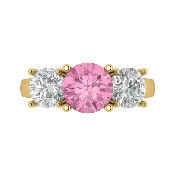 3.25ct Round Cut Pink Crystal 18k Yellow Gold Engraving Statement Bridal Wedding Three-Stone Designer Ring Size 9