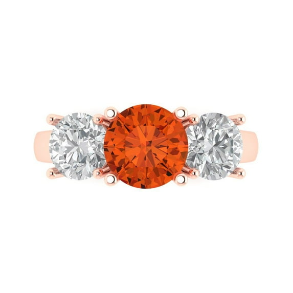 3.25ct Round Cut Red Crystal 18k Pink Rose Gold Engraving Statement Bridal Wedding Three-Stone Designer Ring Size 6