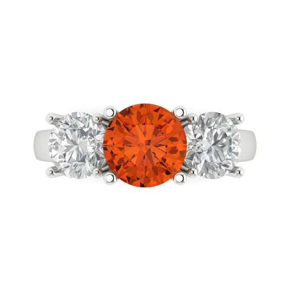 3.25ct Round Cut Red Crystal 18k White Gold Engraving Statement Bridal Wedding Three-Stone Designer Ring Size 8