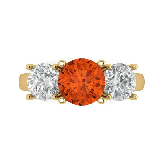 3.25ct Round Cut Red Crystal 18k Yellow Gold Engraving Statement Bridal Wedding Three-Stone Designer Ring Size 10