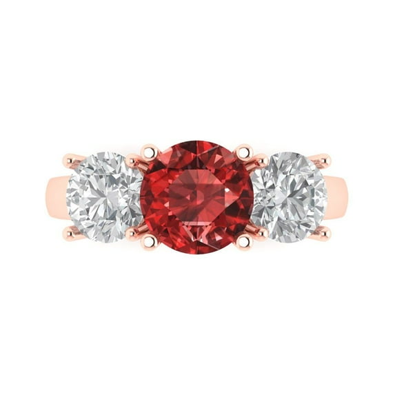 3.25ct Round Cut Red Natural Garnet 18k Pink Rose Gold Engraving Statement Bridal Wedding Three-Stone Designer Ring Size 8.5