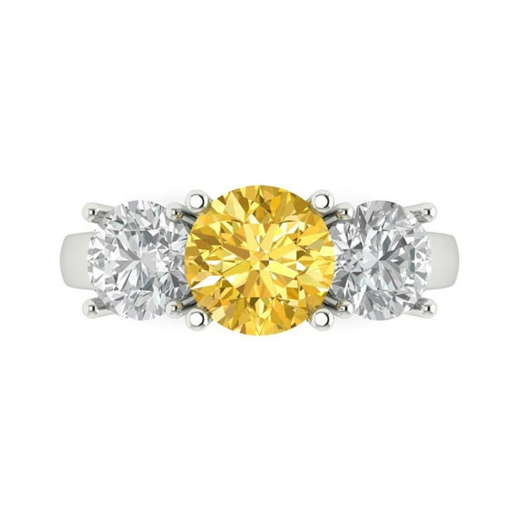 3.25ct Round Cut Yellow Natural Citrine 18k White Gold Engraving Statement Bridal Wedding Three-Stone Designer Ring Size 6