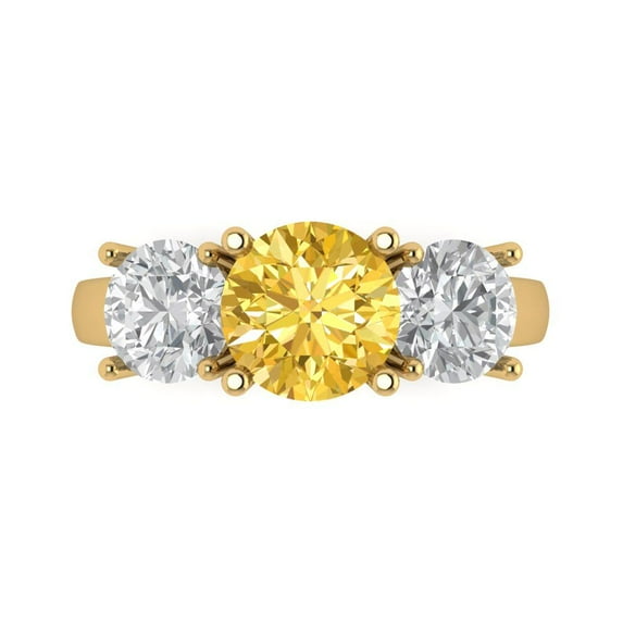 3.25ct Round Cut Yellow Natural Citrine 18k Yellow Gold Engraving Statement Bridal Wedding Three-Stone Designer Ring Size 11