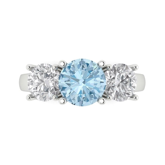 Clara Pucci 14K White Gold Solid Gold Blue Three-Stone Anniversary Ring for Women - 2.5 cttw Round Cut