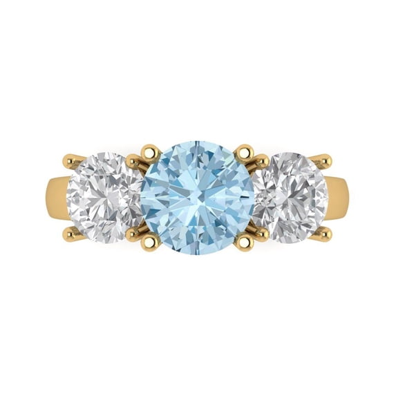 Clara Pucci 14K Yellow Gold Solid Gold Blue Three-Stone Anniversary Ring for Women - 3 cttw Round Cut