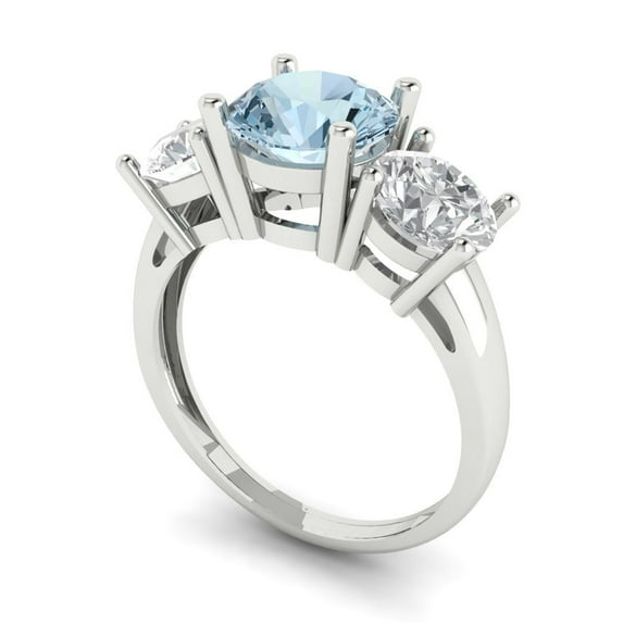 3.25ct round cut blue natural aquamarine 14k white gold 3 stone Bridal Wedding Engagement Promise Anniversary Ring for Women size 6.75