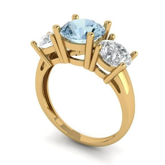 3.25ct round cut blue natural aquamarine 14k yellow gold 3 stone Bridal Wedding Engagement Promise Anniversary Ring for Women size 6.25