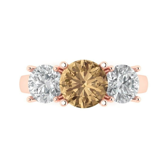 Clara Pucci 14K Rose Gold Solid Gold Champagne Three-Stone Anniversary Ring for Women - 3 cttw Round Cut