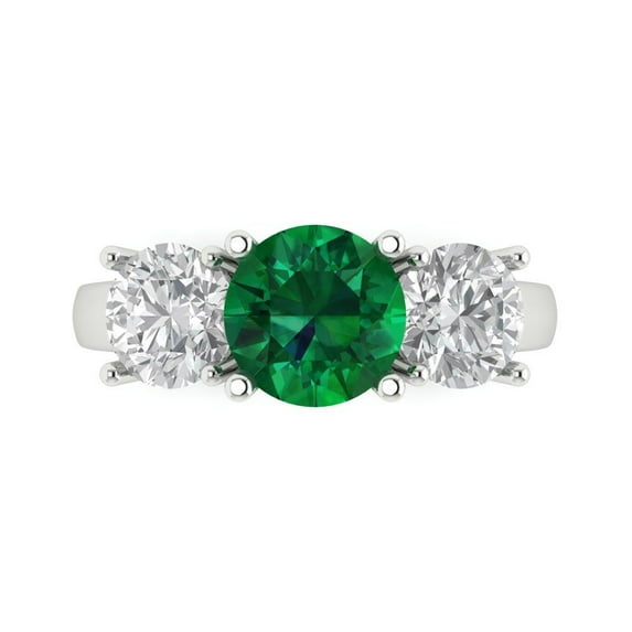 Clara Pucci 14K White Gold Solid Gold Emerald Three-Stone Anniversary Ring for Women - 2.5 cttw Round Cut