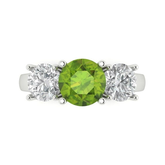 Clara Pucci 14K White Gold Solid Gold Peridot Three-Stone Anniversary Ring for Women - 2.5 cttw Round Cut
