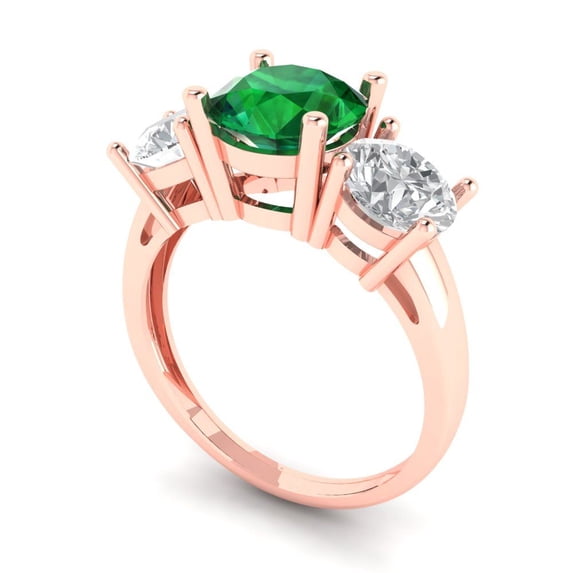 3.25ct round cut green emerald 18k rose gold 3 stone Bridal Wedding Engagement Promise Anniversary Ring for Women size 4.5