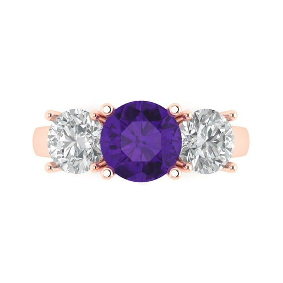 Clara Pucci 14K Rose Gold Solid Gold Amethyst Three-Stone Anniversary Ring for Women - 3 cttw Round Cut