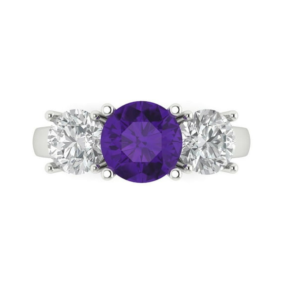Clara Pucci 14K White Gold Solid Gold Amethyst Three-Stone Anniversary Ring for Women - 2.5 cttw Round Cut