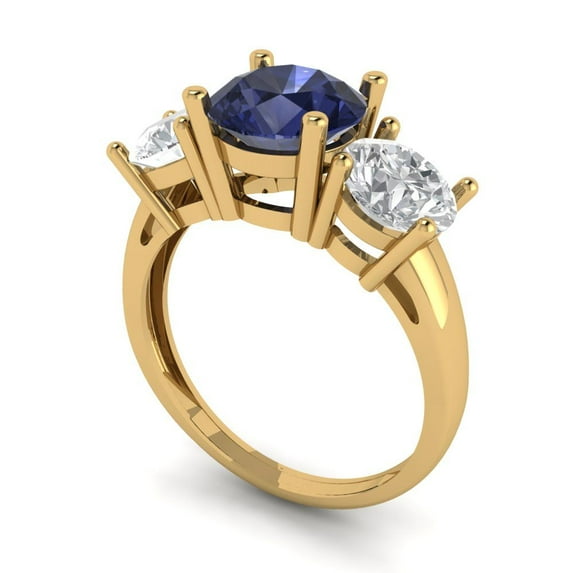 3.25ct round cut blue sapphire 18k yellow gold 3 stone Bridal Wedding Engagement Promise Anniversary Ring for Women size 8.75