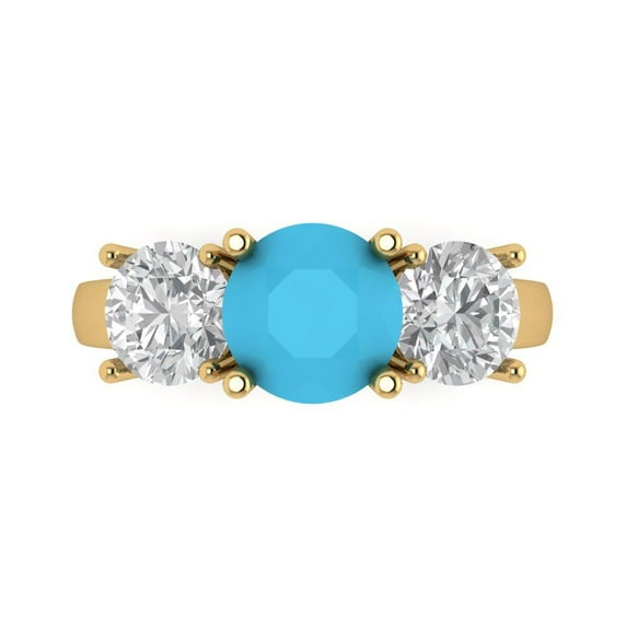 Clara Pucci 14K Yellow Gold Solid Gold Turquoise Three-Stone Anniversary Ring for Women - 3 cttw Round Cut